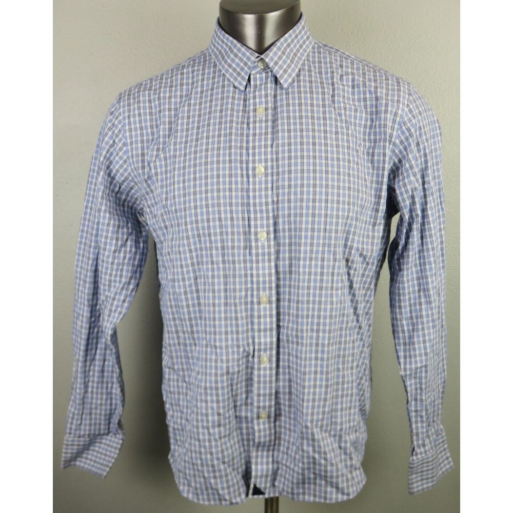 Mens Untuckit Button Front Dress Shirt Blue White L Cotton Long Sleeve